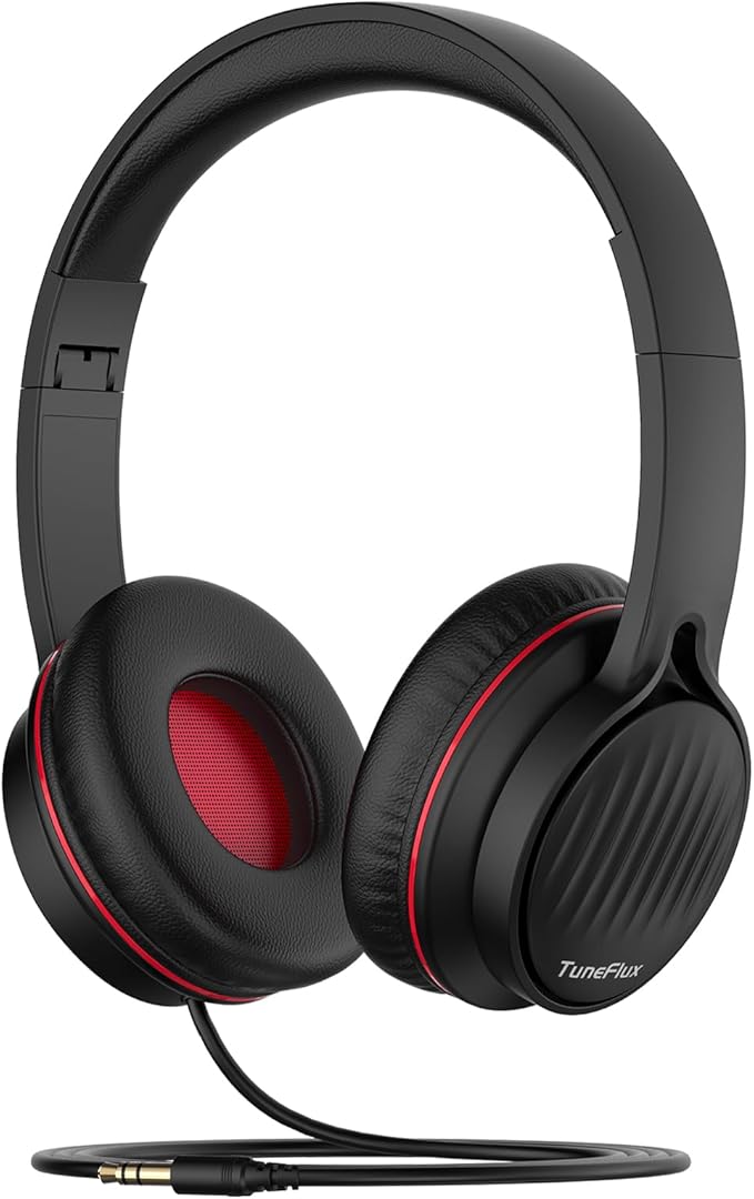 TuneFlux Upgraded Kids Headphones, Wired Toddler Headsets, 85dB Limited Volume On Ear Headphones, Portable Foldable Design, Stereo Sound Kids Headsets for School/Tablet/Travel-Black Red