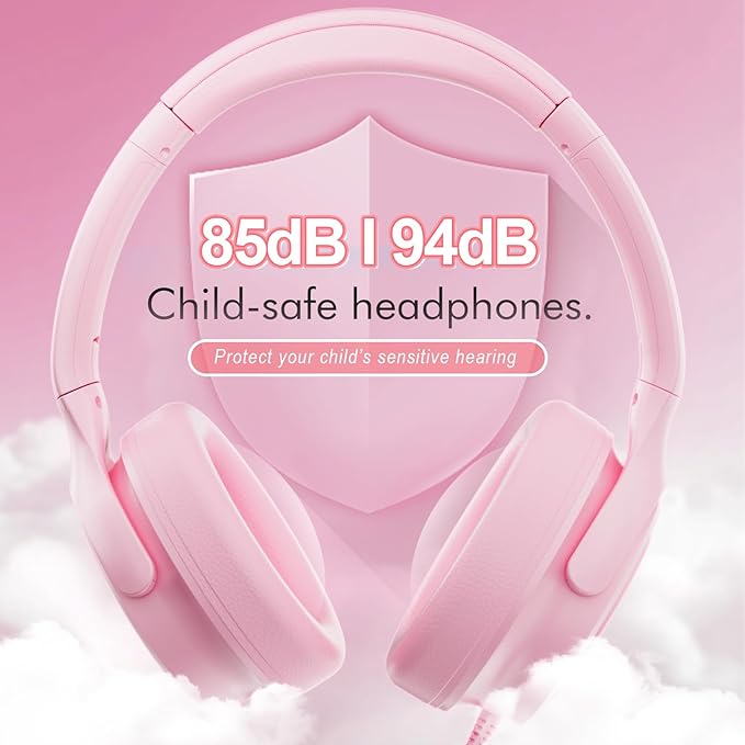 Kids Headphones with Cord-3.5mm Jack 85/94dB Safe Volume Control Built-in Microphone On-Ear Headphones for Kids/Teens/Girls/School/Travel/3.5mm Devices(Pink)