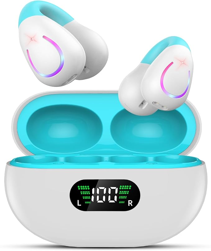Clip On Earbuds, Bluetooth 5.3 Lightweight Comfort Bone Conduction Open Ear Headphones with LED Digital Display Charging Case Sport Built-in Mic IPX7 Waterproof for Running Fitness Android, Light Blue
