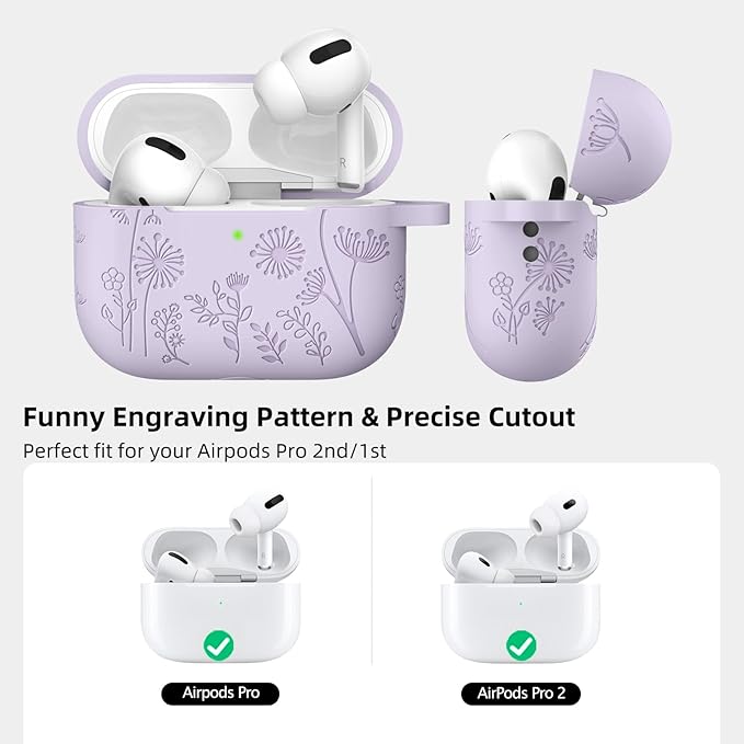 Lerobo Compatible with Apple Airpod Pro 2 Case, Flower Engraved Soft Silicone Skin Cover, Full Protective Cover for AirPod Pro Case USB C for Girls Cute, Front LED Visible, Lavender