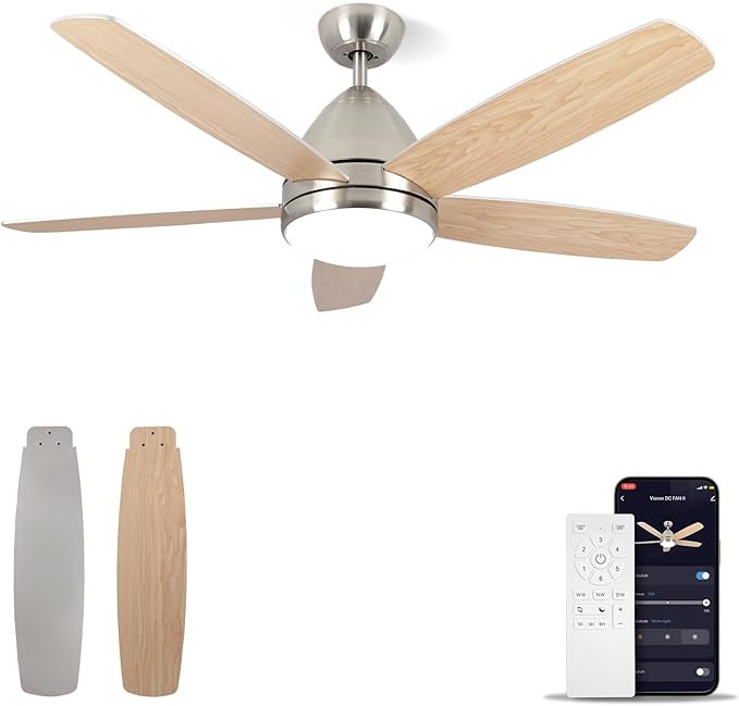 Smart Ceiling Fan with Light, Modern Nickel 52-Inch Outdoor Ceiling Fan and Remote/App, Dimmable Tri-Color LED and Reversible Motor for Indoor Bedroom/Outdoor Covered Patio
