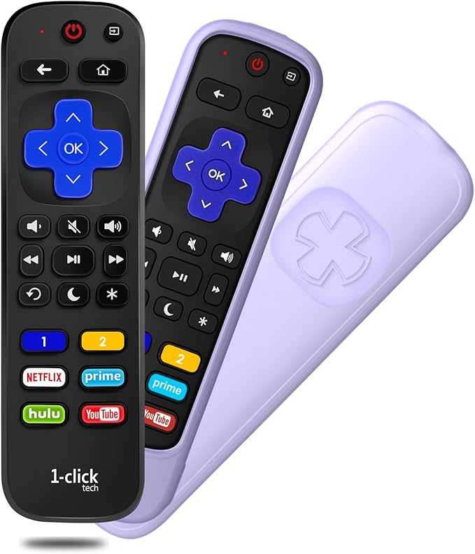 [w/Cover] 1-clicktech for【Roku TV, Roku Box】 2-in-1 for TCL Hisense ONN. All Built-in Roku TV, and for Roku 1/2/3/4 Express Ultra LT HD XDS (Remote + Purple Cover)