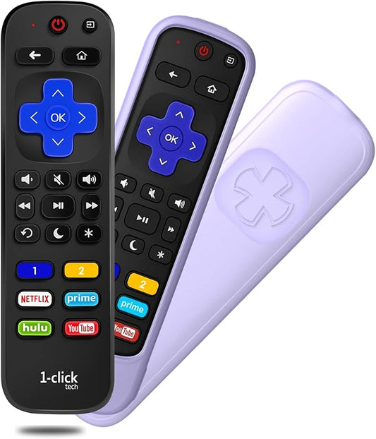 [w/Cover] 1-clicktech for【Roku TV, Roku Box】 2-in-1 for TCL Hisense ONN. All Built-in Roku TV, and for Roku 1/2/3/4 Express Ultra LT HD XDS (Remote + Purple Cover)