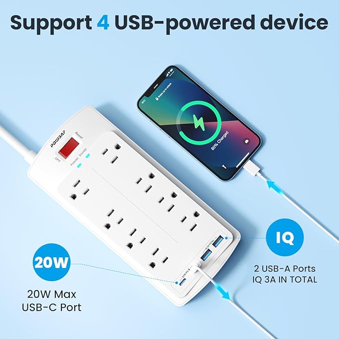8-Outlet Surge Protector Power Strip, POWSAF 10Ft Flat Plug Extension Cord with 2 USB-C (PD 20W) Fast Charging Ports and 2 USB-A Ports for Home, Office, 2700 Joules, ETL, White