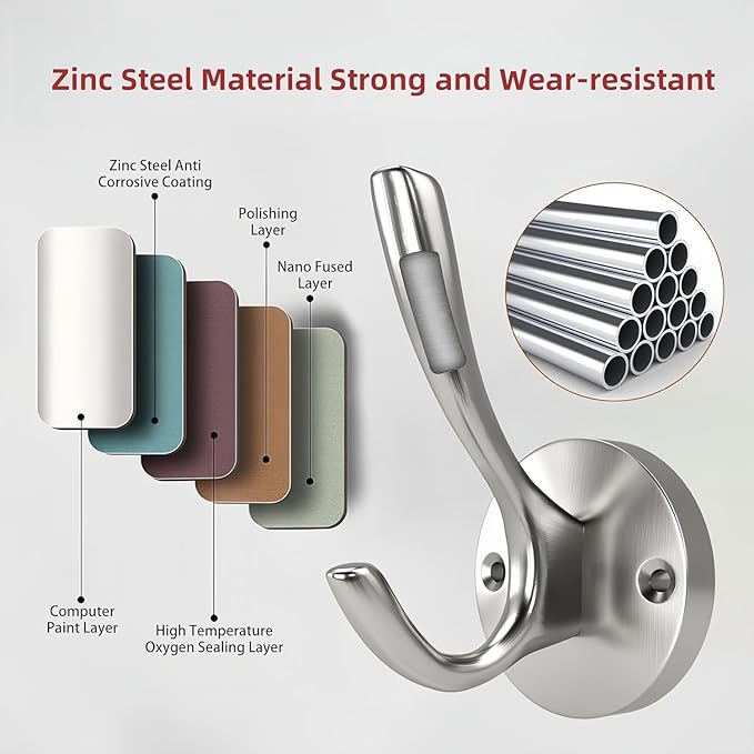 ZUONAI Towel Hooks for Bathrooms Silver Wall Hooks 2 Pack Brushed Nickel Coat Hooks Heavy Duty Towel Wall Hooks for Coats Robes Hats Bath Entryway Cubicle Kitchen Screw in Brushed Nickel Towel Hooks
