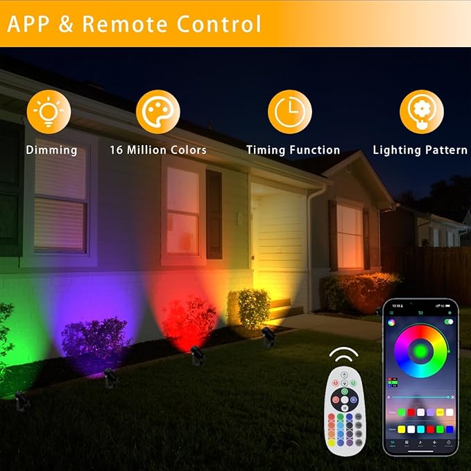Smart RGB Low Voltage LED Spotlights, APP & Remote Control,Synchronous Dimming Lighting System, IP65 Waterproof,16 Million Colors for Outdoor Landscape,Yard,Garden,Holiday Decoration (8 Pack)