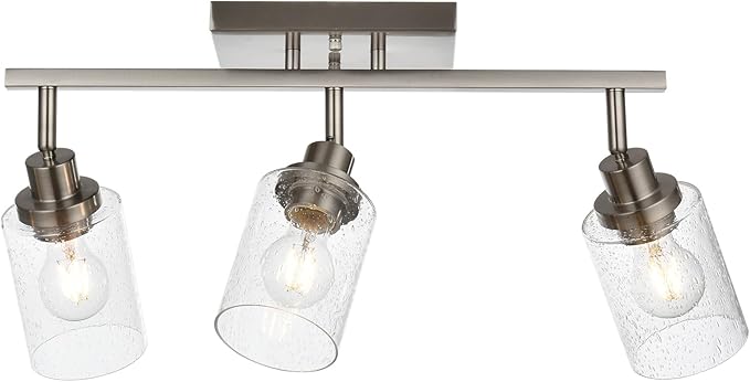 3-Light Brushed Nickel Kitchen Track Lighting Fixtures Ceiling Mount Track Lighting Kit with Bubble Seeded Glass Shade Modern Bathroom Tracking Vanity Lights Ceiling Tracking Accent Shop Light