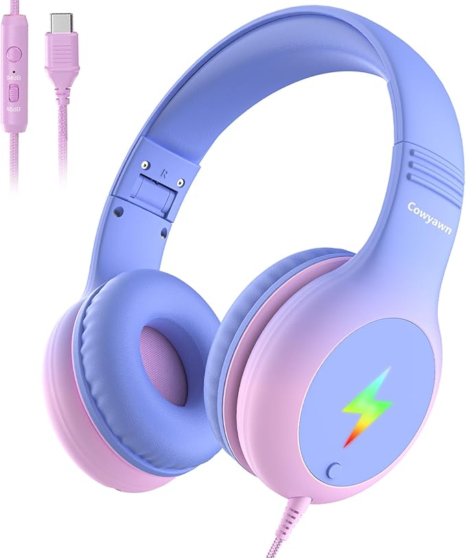 USB Type C Kids Headphones, Wired Headphones for Kids with Microphone/LED Lights, 85/94dB Volume Limit, Stereo Sound, Foldable Over-Ear USB-C Headphones for School/Travel/Tablet/iPad, Purple