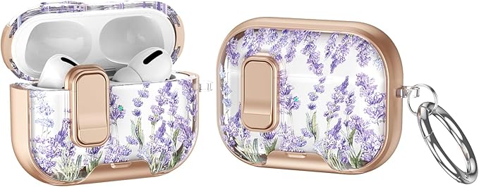 Case Compatible with AirPods Pro/Pro2,Elegant Lavender Pattern Cover for AirPods Pro 2nd/1st Gen with Built-in Phone Stand, One-Click Secure Lock & Carabiner,Wireless Charging, Gift for Girls Women