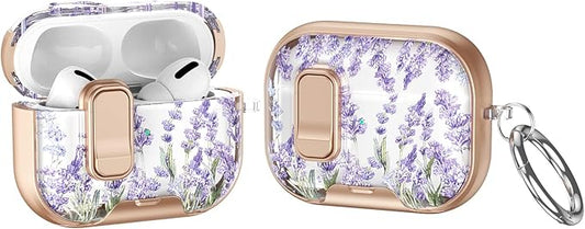 Case Compatible with AirPods Pro/Pro2,Elegant Lavender Pattern Cover for AirPods Pro 2nd/1st Gen with Built-in Phone Stand, One-Click Secure Lock & Carabiner,Wireless Charging, Gift for Girls Women