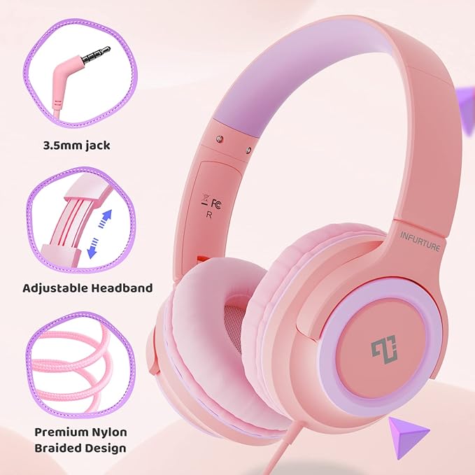 INFURTURE Kids Headphones, Wired Headphones for Kids Over Ear with Microphone, 85/94dB Volume Limiter Headphone for Girls Boys, Foldable Headphone for School, Airplane Travel