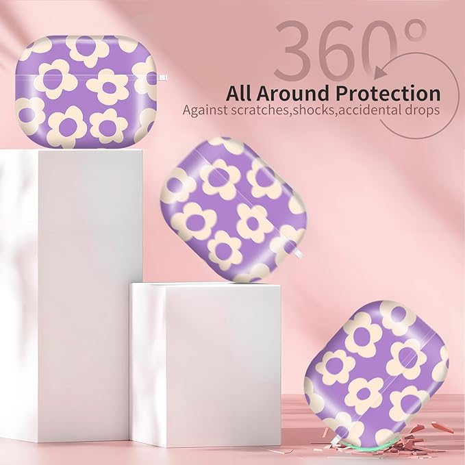 Compatible with AirPods Pro 3 (2025) Case, Airpod Pro 3 Protective Cover with Cute Golden Keychain for Girls & Women (Cute Groovy Purple Flower)