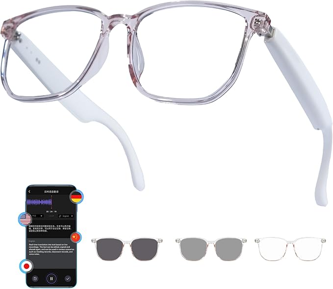 AI Smart Wireless Bluetooth Translation Glasses for Men/Women with Speakers/Bluetooth&140+ Languages Translation Sports/Travel/Drive/Busniess (G3+AI+Color Change Lenses+Pink)