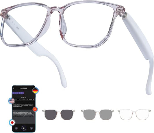 AI Smart Wireless Bluetooth Translation Glasses for Men/Women with Speakers/Bluetooth&140+ Languages Translation Sports/Travel/Drive/Busniess (G3+AI+Color Change Lenses+Pink)