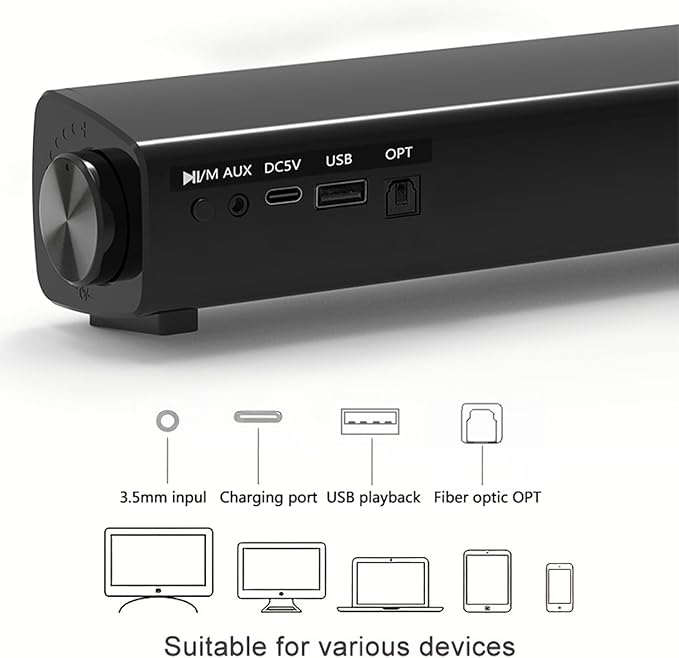 Portable Soundbar for TV/PC, Outdoor/Indoor Wired & Wireless Bluetooth 5.0 Speaker with Remote Control and Optical Cable, 30W Home Theater Sound bar with Built-in Subwoofers for Projector