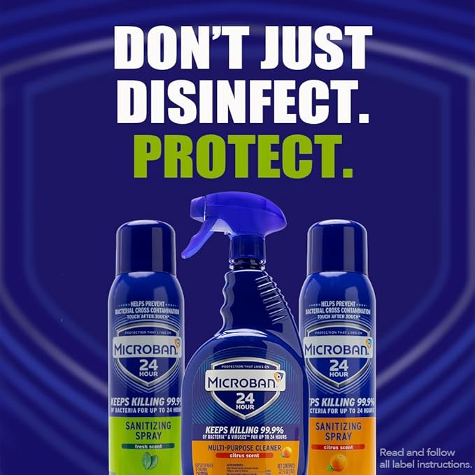 MICROBAN Sanitizing Spray, 15 oz., 2 Pack, Fresh Scent, Penetrates Soap Scum, Greasy Soils and Reduces Odors, Keeps Killing 99.9% of Bacteria on Hard, Non-Porous Surfaces in Home for up to 24 Hours