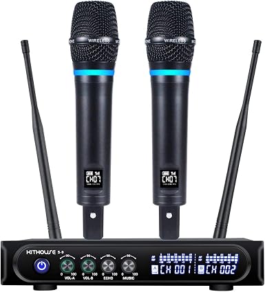 S9 UHF Rechargeable Wireless Microphone System Karaoke Microphone Wireless Mic Cordless Dual with Bluetooth Receiver Box + Volume Control ECHO for Karaoke Singing Speech Meeting Church, 200FT