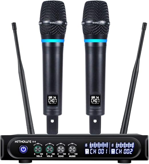 S9 UHF Rechargeable Wireless Microphone System Karaoke Microphone Wireless Mic Cordless Dual with Bluetooth Receiver Box + Volume Control ECHO for Karaoke Singing Speech Meeting Church, 200FT