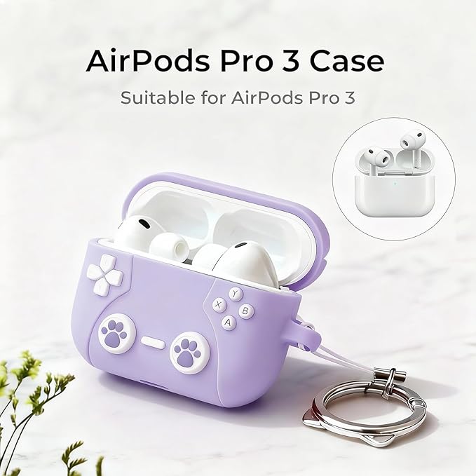 Compatible with Airpods Pro 3 Case 2025 Cute 3D Game Console for Air pod Pro 3 Cover with Keychain Shockproof Protective Silicone Case for Airpods Pro 3 Gen for Women Girls (Purple Cat)
