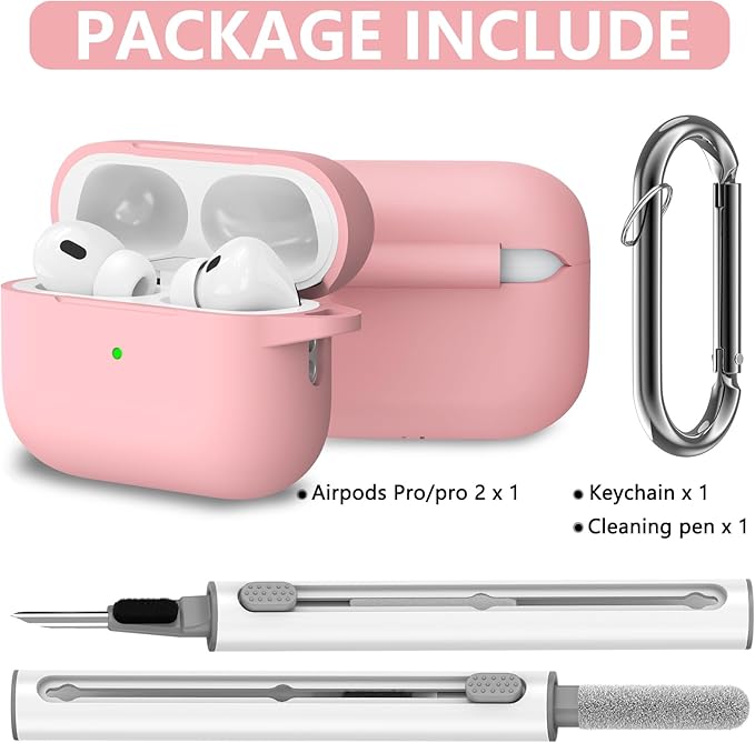 Ljusmicker for AirPods Pro Case Cover with Cleaner Kit,Soft Silicone Protective Case for Apple AirPods Pro 2nd/1st Generation Case for Women Men,AirPod Pro Case Accessories with Keychain-Pink