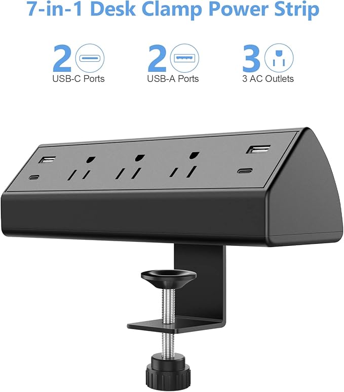 Jgstkcity Desk Clamp Power Strip,40W Total Fast Charging Station,2 PD 20W USB C Ports,Desk Edge Mount Surge Protector for Home, Office,3 Outlets,Fit 1.96" Tabletop Edge,ETL Listed