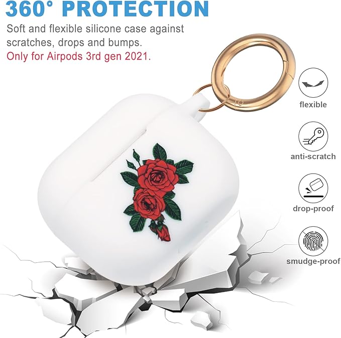 Flower Silicone Compatible with AirPods 3 Case 2021, Gawnock Soft Case Cover Compatible with AirPods 3rd Generation Floral Print Cover for Women Girls with Keychain (Rose Flower)