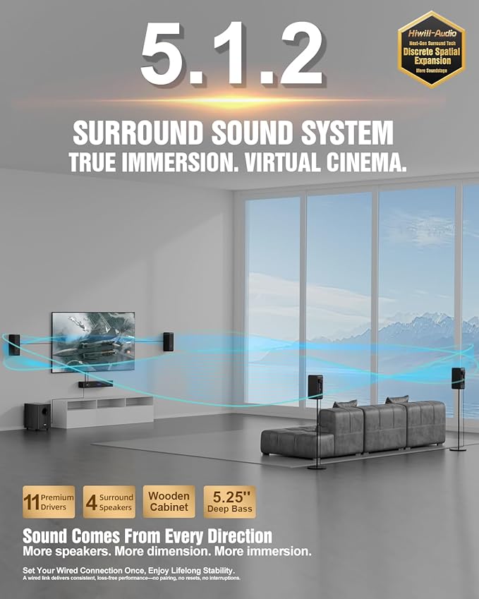 Wooden 5.1.2 Sound Bars, 4 Surround Speakers Wired, Virtual Surround Sound System, Soundbar for Smart TV Speaker w/5.25'' Wired Subwoofer, Home Theater, ARC/Opt/BT/AUX, HiPulse N512