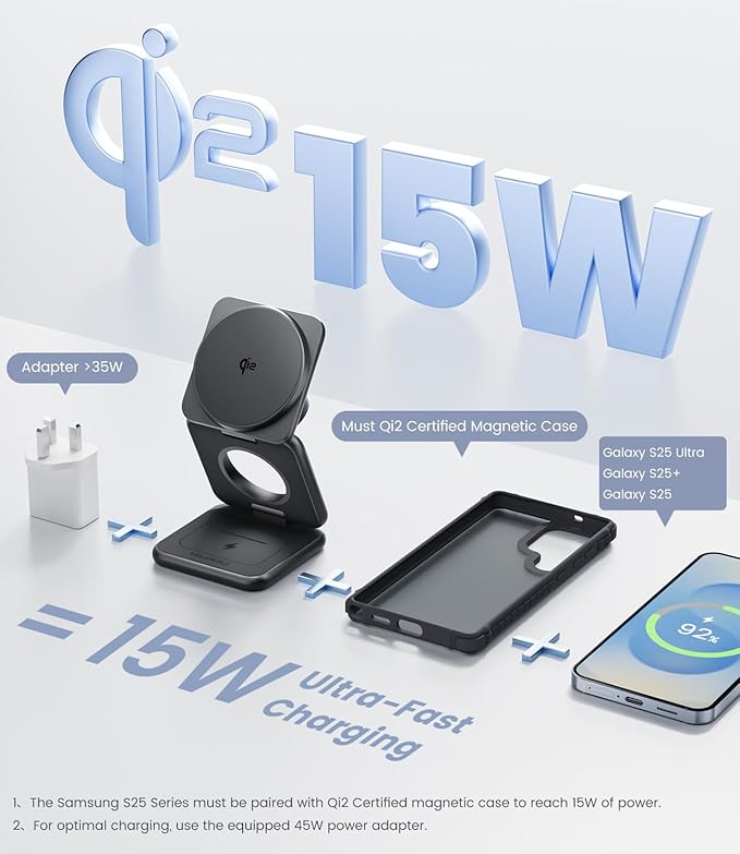 KU XIU Qi2 Certified 3 in 1 Charging Station for Samsung, Aluminum Alloy Foldable 15W Wireless Charger for Galaxy S26 S25 Series Z Flod 7, Fast Charger for Galaxy Watch Ultra, for Galaxy Buds