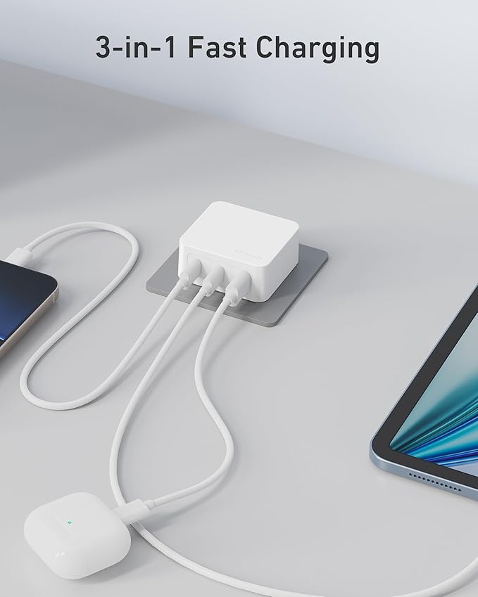 Nekmit 67W Flat USB C Charger Block, 3-Port GaN Fast Wall Charger(2*USB-C & 1*USB-A), USB C Wall Plug with Fixed Prongs for iPhone 17/16 Series, MacBook Pro/Air, iPad, Galaxy and More