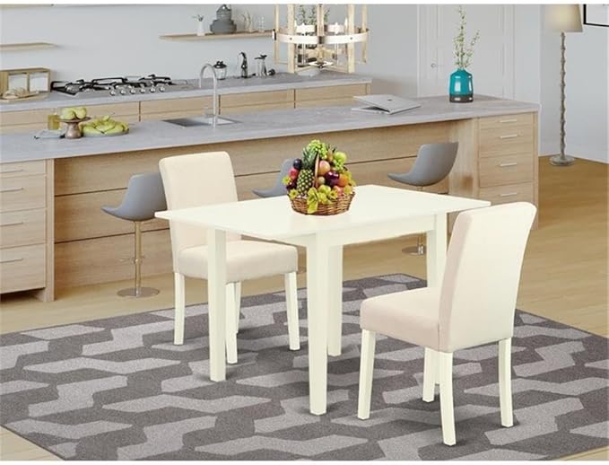 East West Furniture 1NDAB3-LWH-02 3 Piece Kitchen Table Set Contains a Rectangle Dining Room Table with Dropleaf and 2 Light Beige Linen Fabric Parson Dining Chairs, 30x48 Inch, Linen White