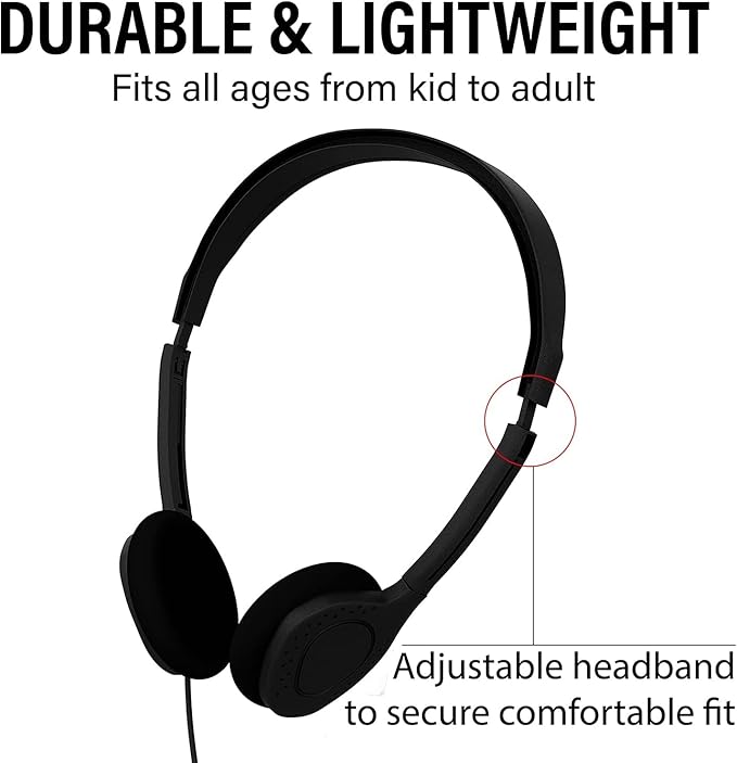 Maeline Bulk Classroom Student Headphones On Ear Stereo Headphones Adjustable Band & Foam Cushions for Kids Online Learning, Library, School, Airplane, Travel - 3.5mm Plug - 1 Pack - Red