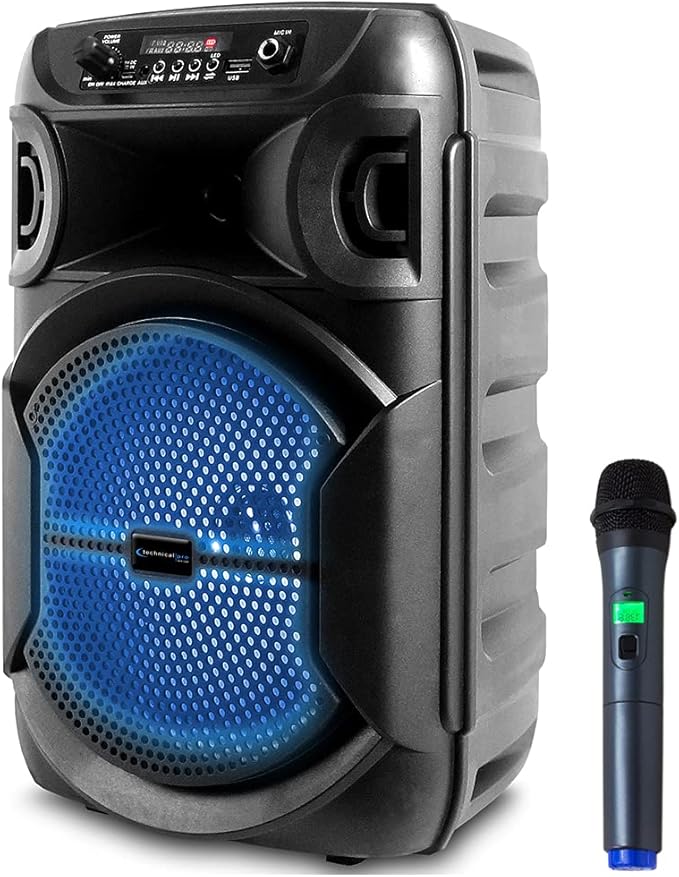 Technical Pro 8 Inch Portable 800 W Bluetooth Speaker W/Woofer & Tweeter, Festival PA LED, Bluetooth/USB Card Inputs, with UHF Wireless Handheld Microphone w/USB Powered Receiver
