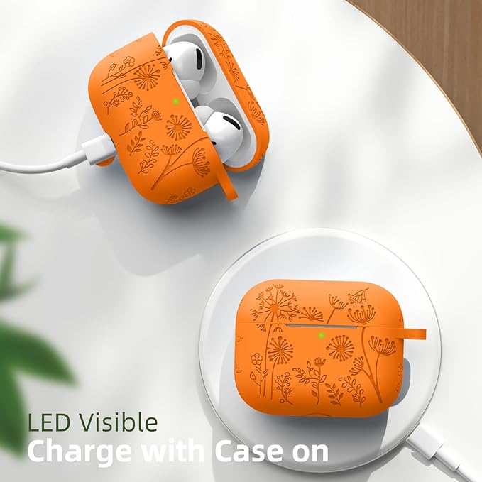 Lerobo Flower Engraved Cover for Airpod Pro 2/Pro Case Cover, Cute Soft Silicone Skin Full Protective case for Airpods Pro 2nd Generation/1st Generation with Keychain Orange