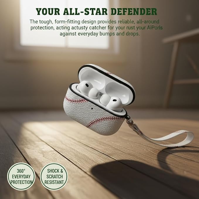 for AirPods 4 Case 2024 (4th Gen, A3058/A3059) - PU Leather & Hard PC Shockproof Cover with Keychain, LED Visible, Wireless Charging Compatible for Men Women Sports Enthusiasts, Baseball