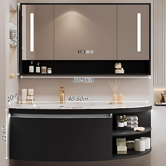 60IN Floating Bathroom Vanity, Wall Mounted Wood Sink Cabinet with Smart Sensor LED Light Strip & Open Style Side Cabinet | LED Lights & Defogging Function, Single Sink Vanities Set (Black)