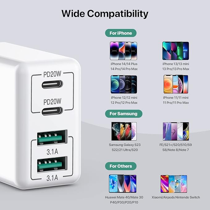[3-Pack] USB C Wall Charger, 40W 4-Port USB C Charger Block,Fast Charging Block Dual Port PD+QC Wall Plug Multiport Type C Compatible with iPhone 14/13/12/11/Pro Max/XS/XR/8, Samsung Phone,Tablet