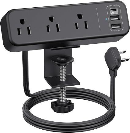 3 Outlet Desk Clamp Power Strip, 6.5 ft Extension Cord, Flat Plug