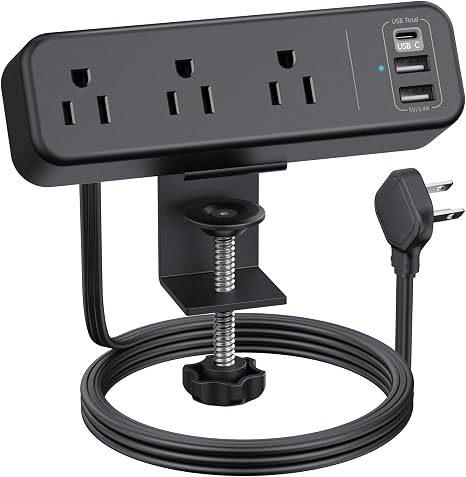 3 Outlet Desk Clamp Power Strip, 6.5 ft Extension Cord, Flat Plug