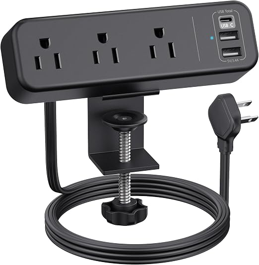 3 Outlet Desk Clamp Power Strip, 6.5 ft Extension Cord, Flat Plug