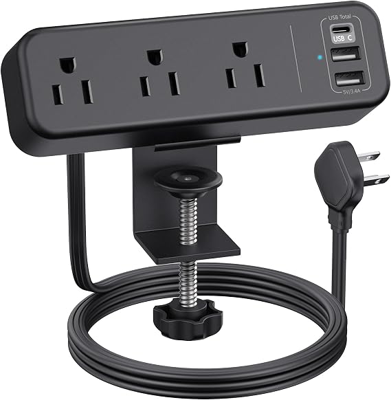 3 Outlet Desk Clamp Power Strip, 6.5 ft Extension Cord, Flat Plug
