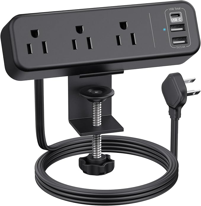 3 Outlet Desk Clamp Power Strip, 6.5 ft Extension Cord, Flat Plug