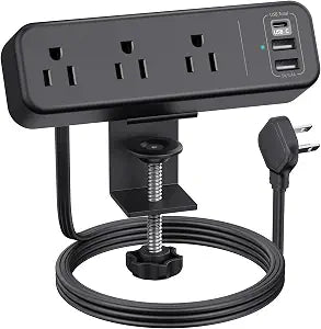 3 Outlet Desk Clamp Power Strip, 6.5 ft Extension Cord, Flat Plug