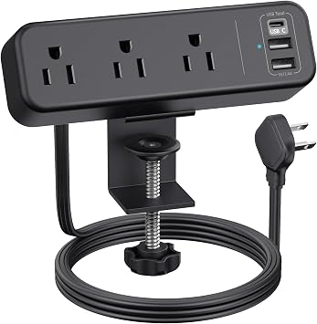 3 Outlet Desk Clamp Power Strip, 6.5 ft Extension Cord, Flat Plug