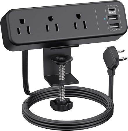 3 Outlet Desk Clamp Power Strip, 6.5 ft Extension Cord, Flat Plug