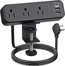 3 Outlet Desk Clamp Power Strip, 6.5 ft Extension Cord, Flat Plug - Image 1