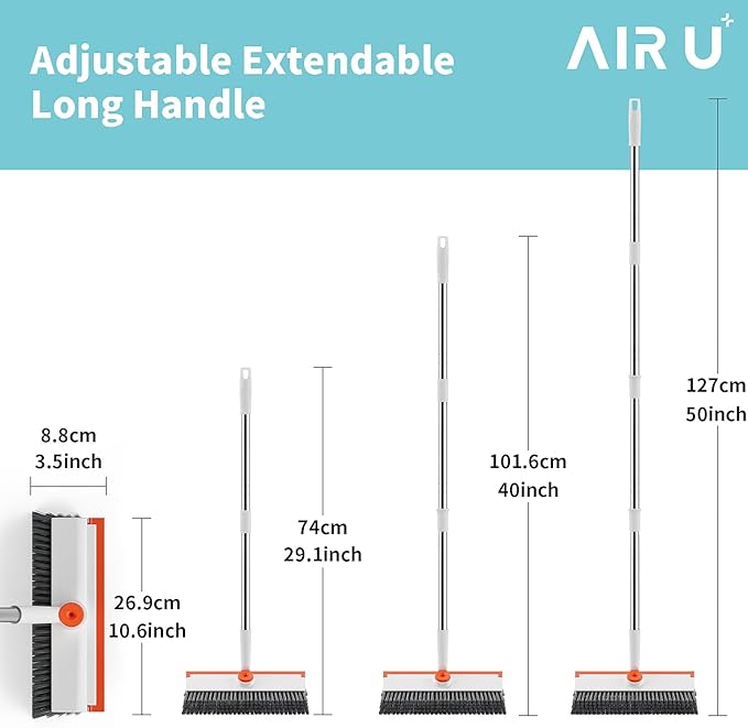 AIR U+ Floor Scrub Brush with Long Handle, 3 in 1 Scrape and Heavy-Duty Stiff Bristle Scrubber Brush for Cleaning Shower Bathroom, Patio, Garage, Kitchen, Wall and Deck, White and Orange