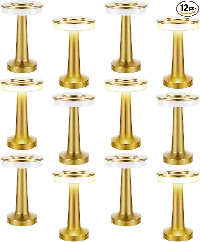 VIHOSE 12 Pcs Gold Cordless Table Lamps LED Portable Rechargeable Table Lamp with Touch Sensor 3 Color Dimming up to 15 Hours Battery Desk Light for Restaurant Wedding Camping Nursery Living Room