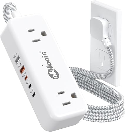 PD30W USB C Travel Power Strip,Cruise Power Strip with 5 USB(3 USB-C) Ports and 4 Outlets, Braided Extension Cord 5Ft, 30W Fast Charging Station Compatible with MacBook Laptops iPad Pro iPhone Samsung