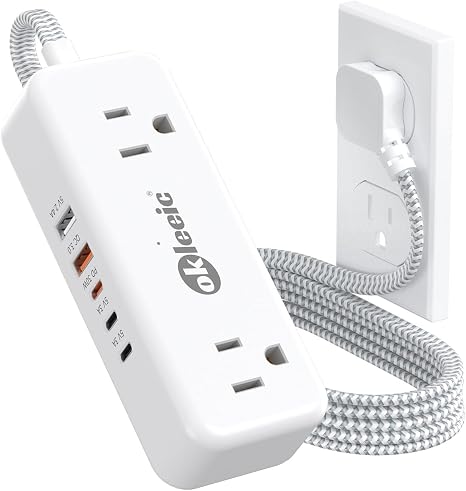 PD30W USB C Travel Power Strip,Cruise Power Strip with 5 USB(3 USB-C) Ports and 4 Outlets, Braided Extension Cord 5Ft, 30W Fast Charging Station Compatible with MacBook Laptops iPad Pro iPhone Samsung