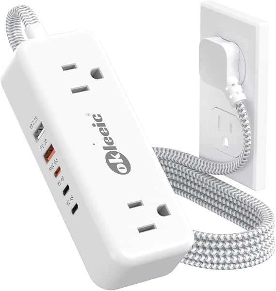 PD30W USB C Travel Power Strip,Cruise Power Strip with 5 USB(3 USB-C) Ports and 4 Outlets, Braided Extension Cord 5Ft, 30W Fast Charging Station Compatible with MacBook Laptops iPad Pro iPhone Samsung